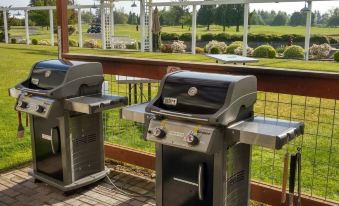 two grills are set up on a patio overlooking a golf course and a body of water at Homestead Resort