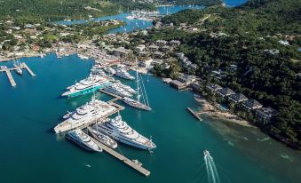 aerial view of a marina with multiple boats docked , surrounded by green hills and trees at South Point Antigua