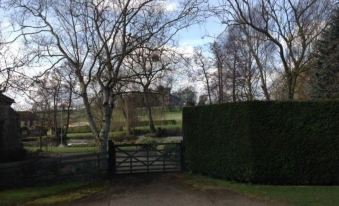a driveway leading to a house surrounded by trees , with a gate in front of it at Chalk and Cheese