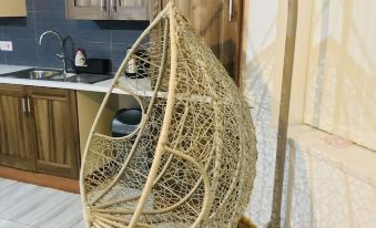 a wicker egg chair hanging from a metal frame in a kitchen area , with a sink and cabinets visible in the background at Green Apartments