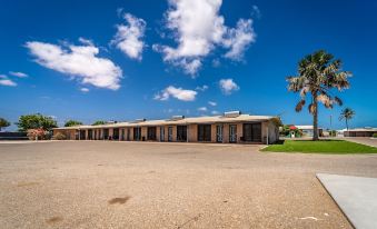 a large , empty parking lot with a row of parked cars and palm trees in the background at Carnarvon Motel