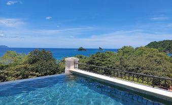 a long , blue swimming pool with a white railing overlooks the ocean and green trees in the distance at Santarena Hotel at Las Catalinas