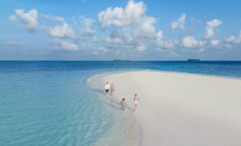 a group of people , including children , are walking on a sandy beach near the ocean at The St. Regis Maldives Vommuli Resort