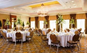 a large banquet hall with multiple round tables and chairs , all set for a formal event at Hotel Executive Suites