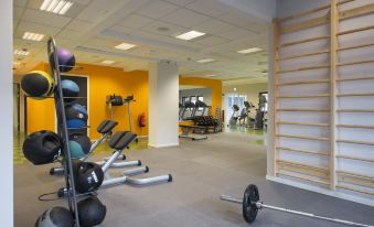 a well - equipped gym with various exercise equipment , such as dumbbells , weights , and a treadmill at Thon Hotel Hallingdal