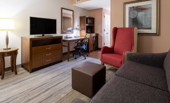 a living room with a red chair , wooden furniture , and a tv on a dresser at HIlton Garden Inn Roanoke