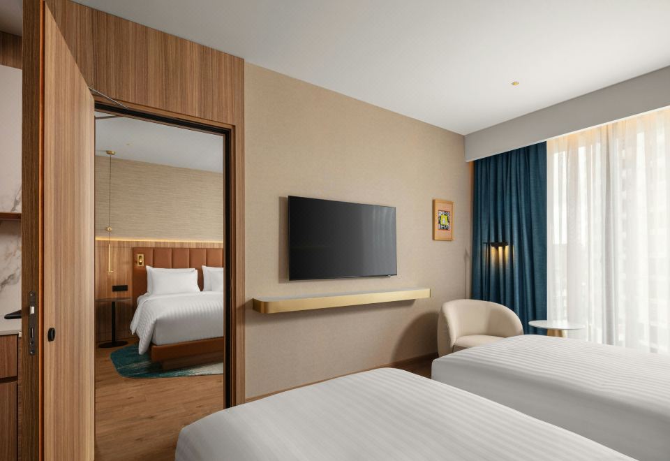 优质房，2张单人床带城市景观