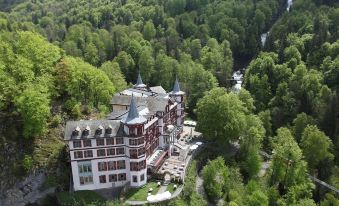 aerial view of a large building surrounded by trees , with a lake visible in the background at Grandhotel Giessbach