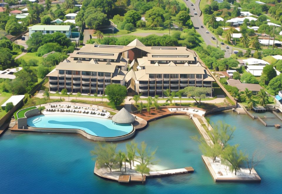 an aerial view of a large resort complex with multiple buildings , a pool , and a large body of water at Te Moana Tahiti Resort