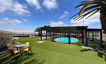 a grassy area with a pool , lounge chairs , and tables is shown in an architectural rendering at Hotel Rural Restaurante Mahoh