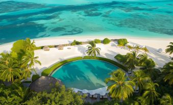an aerial view of a tropical beach resort with a large pool surrounded by palm trees , and a clear blue ocean in the background at Lux* South Ari Atoll