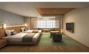 a modern bedroom with wooden flooring , white walls , and large windows , featuring a bed , nightstand , couch , and tv at Shosenkaku Kagetsu