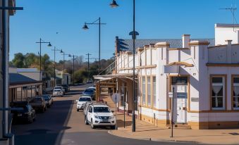 a city street with several cars parked on the side of the road , and several parked items on the sidewalk at Prince of Wales Hotel Gulgong