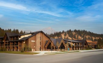 a large building with a brown roof and wooden siding is surrounded by trees and mountains at Forest Park Hotel