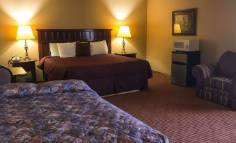 a hotel room with two beds , a nightstand , and a microwave , all lit by lamps at Camino Real Hotel