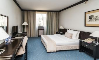 a large bed with white linens is in a room with blue carpeting and two lamps at Hotel Holiday