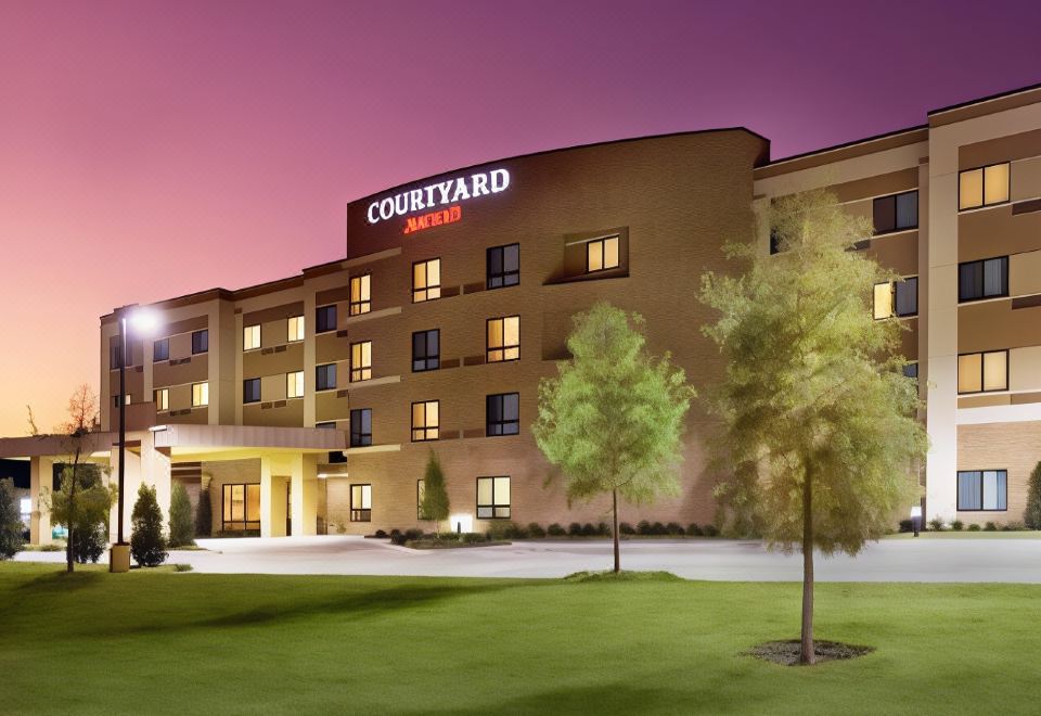 "a large hotel building with the words "" courtyard by marriott "" lit up at night , surrounded by trees and grass" at Courtyard Lufkin