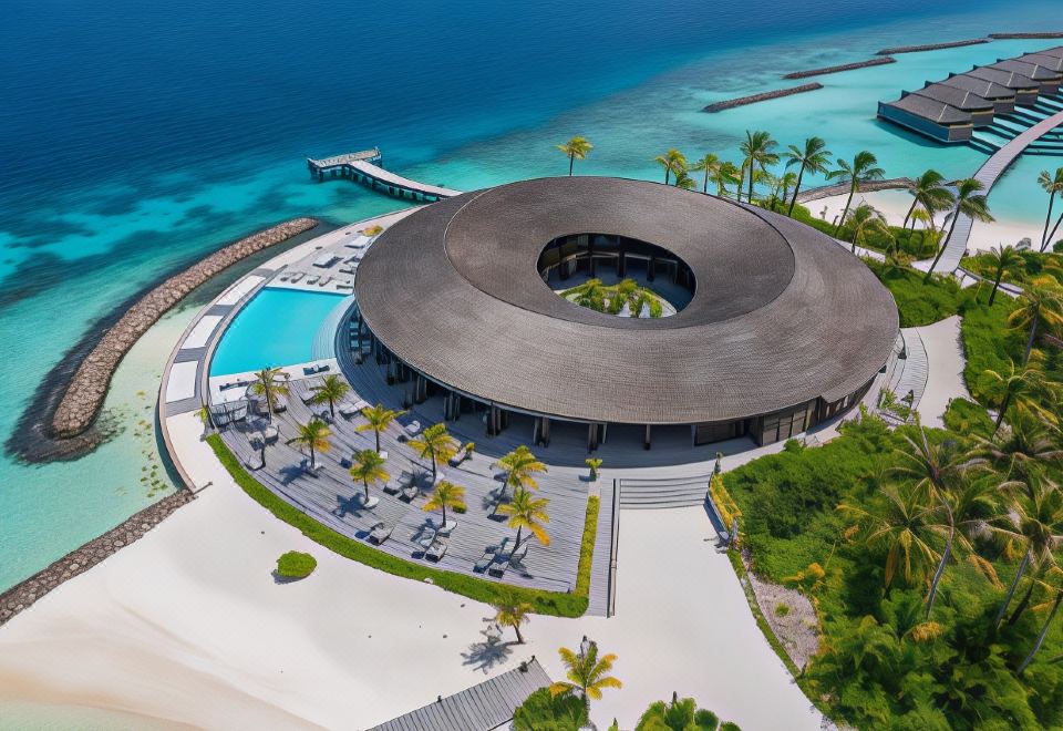 aerial view of a resort with a large circular building , surrounded by palm trees and overlooking the ocean at Kagi Maldives Resort & Spa