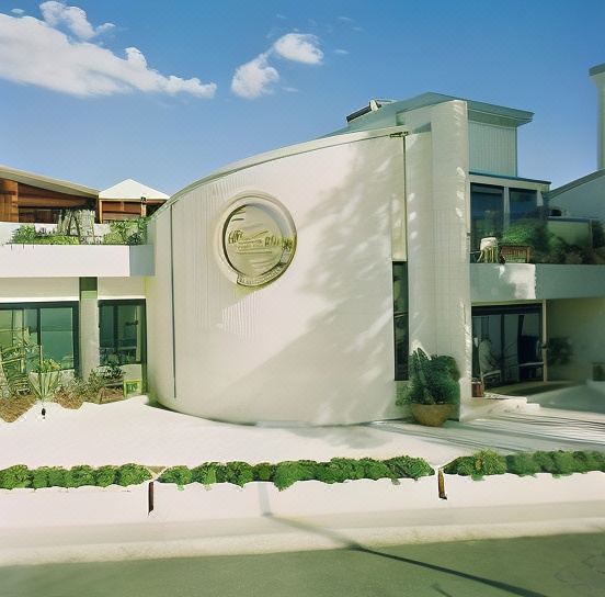 a modern house with a white exterior and a circular emblem on the front is surrounded by greenery at Hotel Astoria