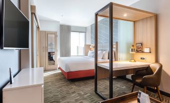 a hotel room with a bed , desk , and chair , as well as a bathroom and a window at SpringHill Suites Columbia
