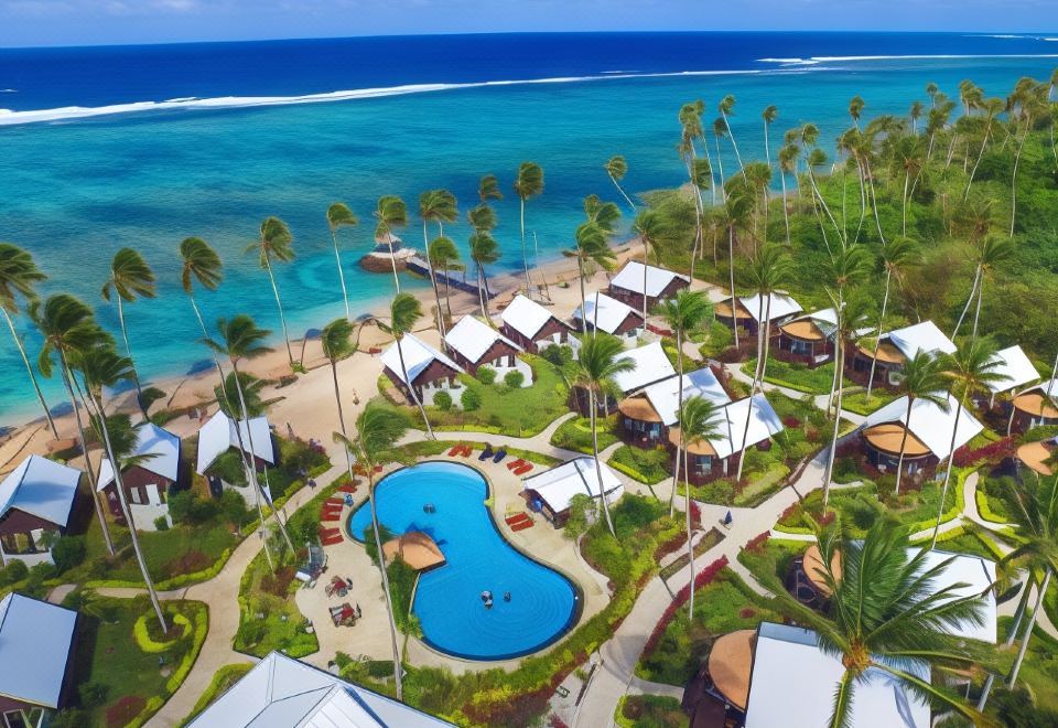aerial view of a resort with multiple buildings , a pool , and palm trees near the ocean at Saletoga Sands Resort & Spa