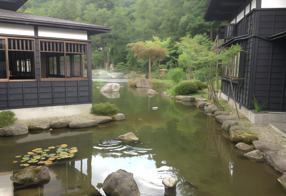 a small pond with rocks and a wooden house in the background , surrounded by greenery at Ryugon