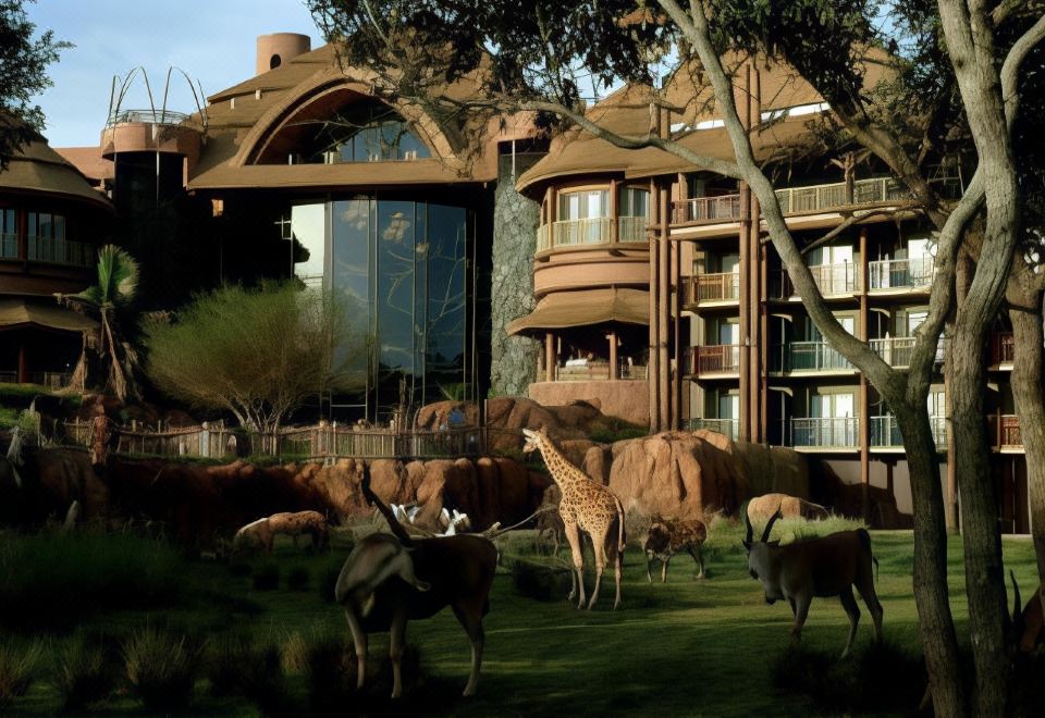 a group of animals , including giraffes and antelopes , are grazing in a grassy area near a large building at Disney's All-Star Music Resort