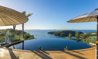 a large infinity pool overlooking the ocean , with umbrellas and palm trees providing shade at Delamore Lodge