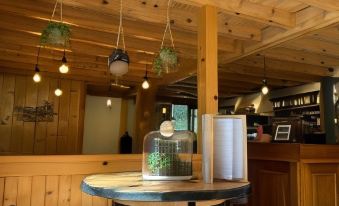 a wooden bar with hanging plants and a glass jar on a table behind it at Logis le Chalet