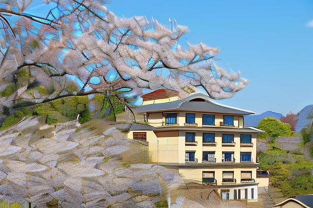 a modern building with multiple floors , surrounded by cherry blossom trees and other structures , under a clear blue sky at Jukeiso