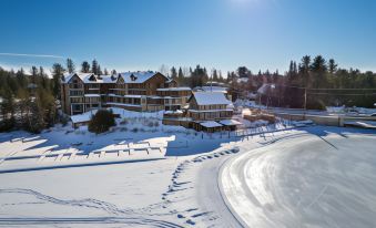 a snow - covered village with buildings , trees , and a building 's roof covered in snow , set against a clear blue sky at Le Viking Resort & Marina