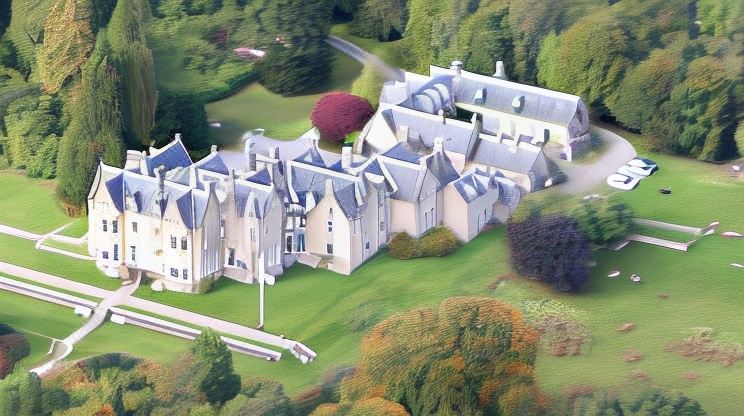 a large , white - roofed building with multiple wings and garages is nestled in a lush green landscape at Glengarry Castle Hotel