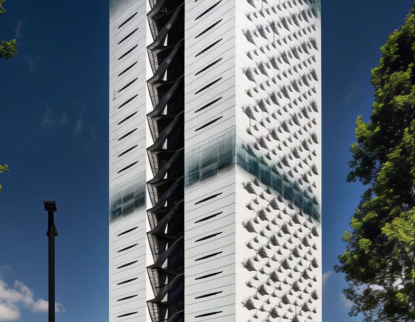 a tall white building with a unique geometric design is surrounded by trees and clear blue skies at Renaissance Barcelona Fira Hotel
