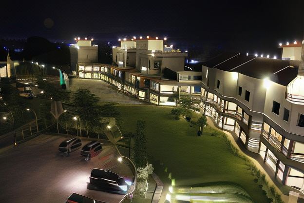 a large , modern building complex at night , with multiple buildings and cars parked in the courtyard at Novilla Boutique Resort