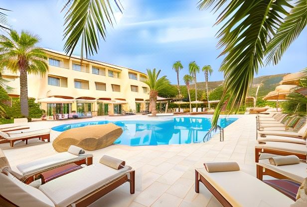 a resort with a large outdoor pool surrounded by lounge chairs and palm trees , providing a relaxing atmosphere for guests at Hotel Corsica & Spa Serena