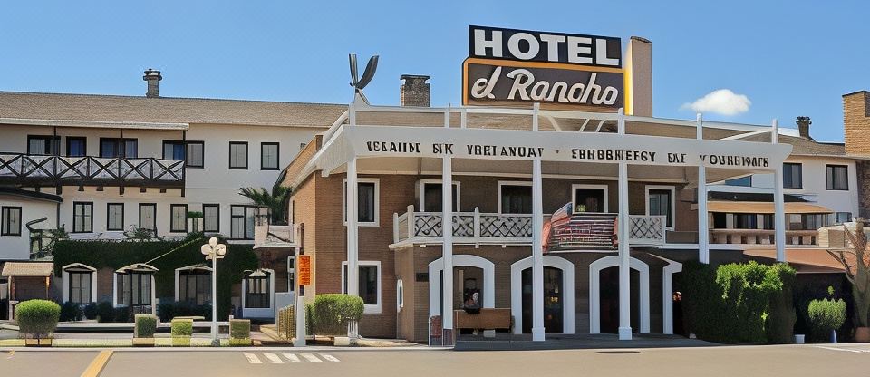 "a large hotel building with a sign that reads "" hotel el rancho "" prominently displayed on the front of the building" at Hotel El Rancho