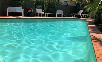 a swimming pool surrounded by palm trees , with several lounge chairs placed around the pool at Airport Clayfield Motel