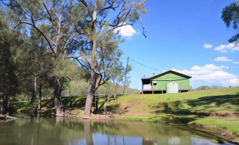 a small wooden house is situated on a grassy hillside with a pond in the background at Bestbrook Mountain Farmstay
