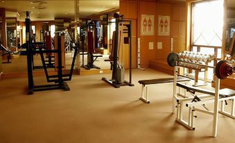 a well - equipped gym with various exercise equipment , including weightlifting machines and benches , on a beige carpeted floor at Thumrin Thana Hotel