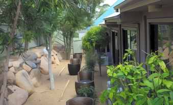 a courtyard with several potted plants and chairs , as well as a small tree in the background at Springwood Motor Inn