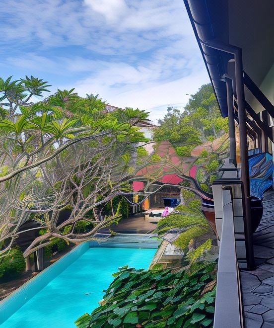a beautiful outdoor area with a pool , umbrellas , and trees , under a clear blue sky at Rumah Batu Boutique Hotel