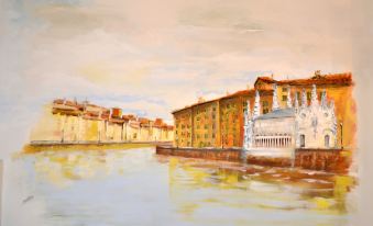 a painting of a city with buildings and water , under a cloudy sky with blue clouds at Hotel Leonardo