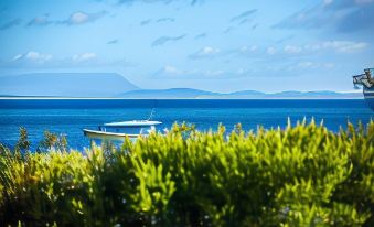 a boat is seen in the distance on a clear day , with trees and mountains in the background at Bruny Island Escapes and Hotel Bruny
