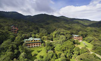 an aerial view of a large house surrounded by lush green trees and mountains , with a helicopter flying overhead at Hotel Belmar