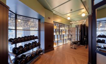 a well - equipped gym with various exercise equipment , including weights and treadmills , arranged on shelves and racks at Only You Hotel Valencia