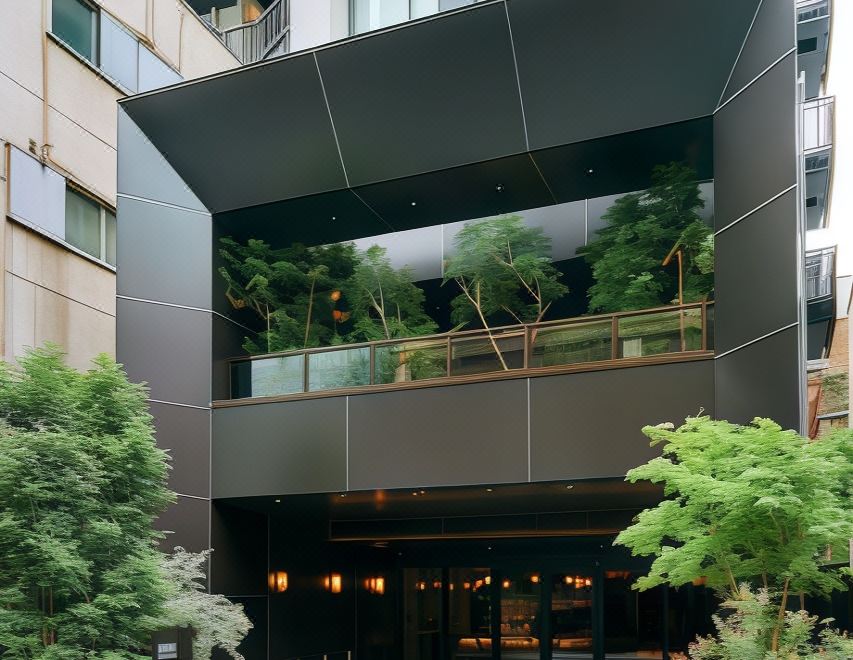 a modern building with a black facade and a glass balcony overlooks green trees and other buildings at Nohga Hotel Akihabara Tokyo