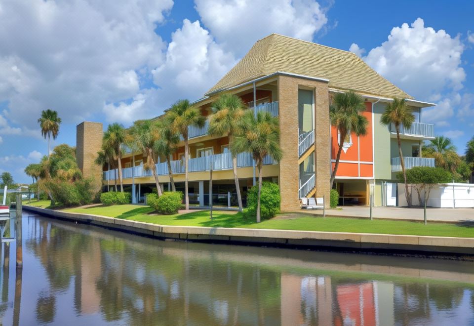 a modern building with a green roof and orange accents is reflected in the water at Legacy Vacation Resorts-Indian Shores