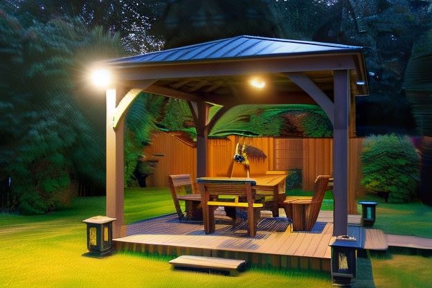 a wooden gazebo with a table and chairs set up on it , surrounded by a lush green yard at Carmel Apartments