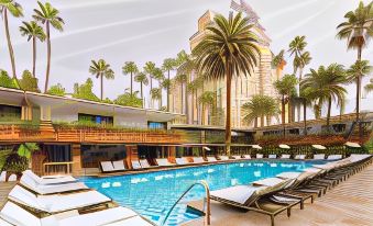 a large outdoor pool surrounded by palm trees , with several lounge chairs placed around the pool for relaxation at The Hollywood Roosevelt