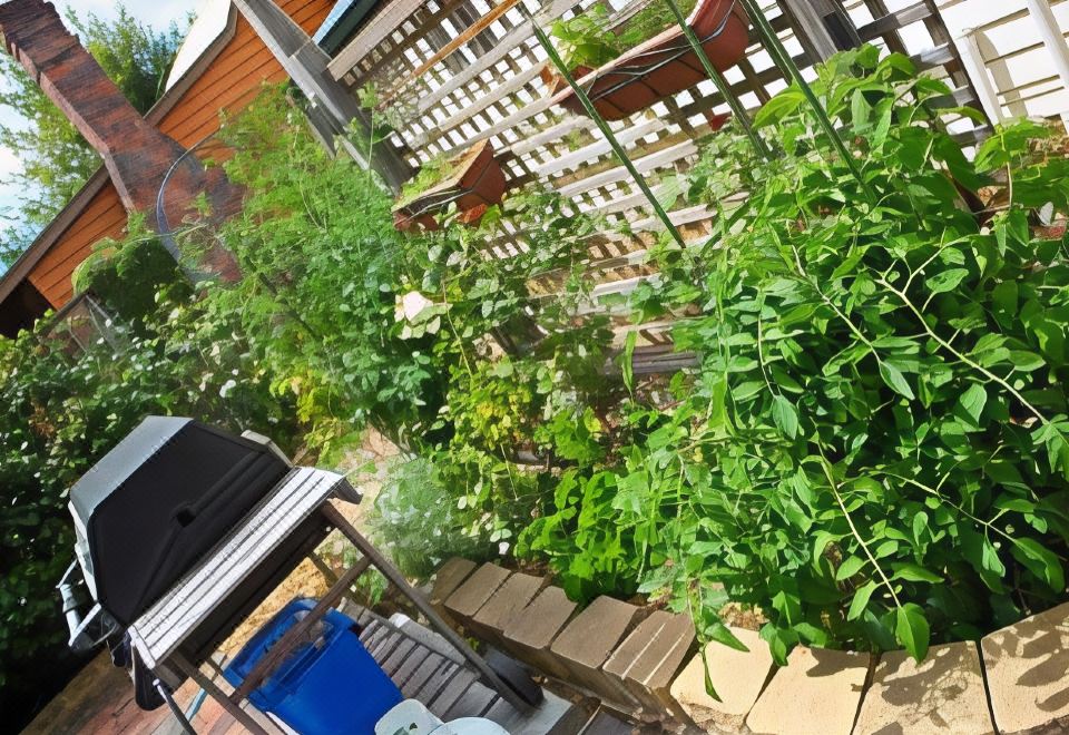 a balcony with a variety of plants and trees , including tomatoes , is shown from an overhead perspective at Westbury Gingerbread Cottages